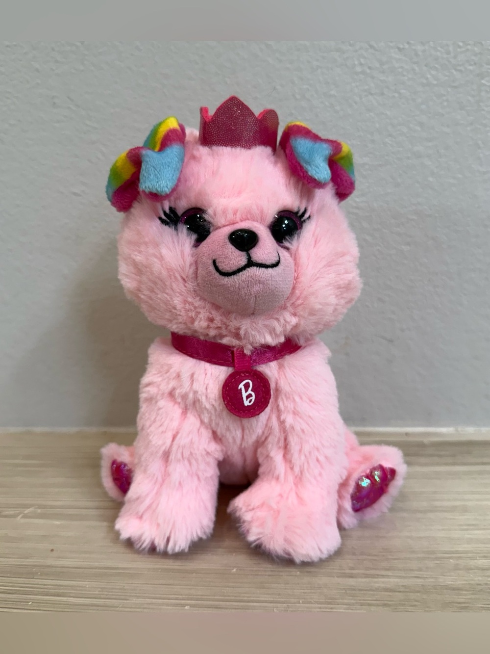 Mattel Barbie Pink Plush Dog Toy with Rainbow Ears B Collar stuffed animal kids